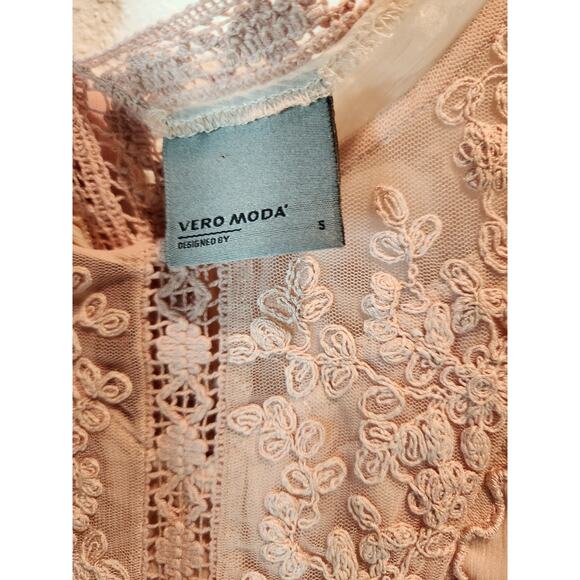 Vero Moda Modura Boho Lace Dress S Beige Long Sleeve Sheer Romantic Flowy chic - Picture 3 of 8